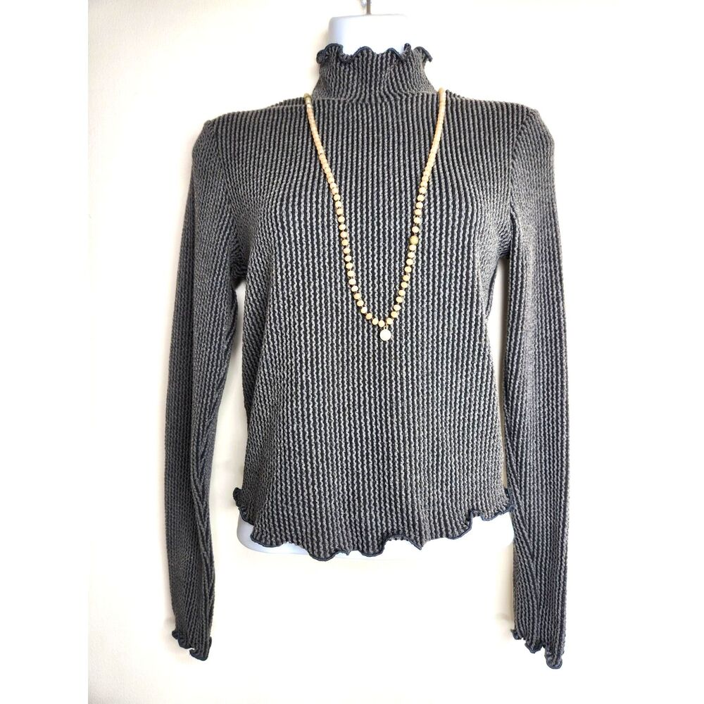Vintage Ribbed Mock Neck Lettuce Hem Top XS Charcoal Gray Made in USA Y2K Knit
